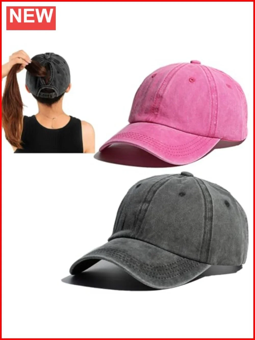 2 Pack Vintage Washed Baseball Caps Women's Ponytail Messy Bun Trucker Hat